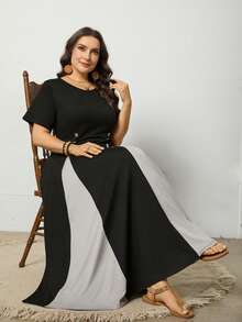 EMERY ROSE Plus Size Knit Patchwork Loose Long Dress - Multicolor - View 5