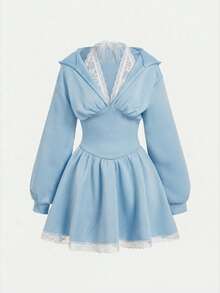 SHEIN MOD Đầm nỉ dài tay có mũ trùm đầu phối ren tương phản dành cho nữ cỡ lớn - Màu xanh nhạt - Xem 1