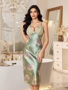 LuxeNights 1pc Women's Sexy Deep V Spaghetti Strap Maxi Dress, Elegant Floral Print Satin Long Dress With Lace Trim, All Season - Green - View 5