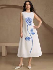 DAZY Women's Elegant Floral Print Round Neck Sleeveless Mid-Length Dress, Summer Wedding Guest Dress - Blue - View 6