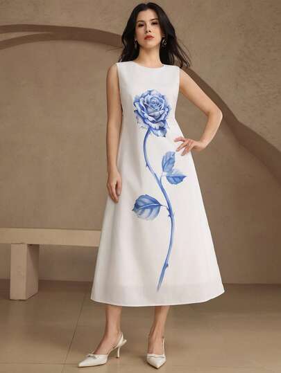 DAZY Women's Elegant Floral Print Round Neck Sleeveless Mid-Length Dress, Summer Wedding Guest Dress