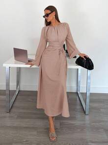 Siren Gaze Women's Solid Color Boat Neck Long Sleeve Ruched Dress - Baby Pink - View 4