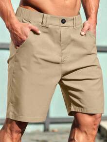 Manfinity Homme Quần short nam màu trơn, kiểu dáng thường ngày, thích hợp cho kỳ nghỉ hè. - Màu Khaki - Xem 3
