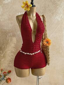 Soleia Bộ đồ liền thân hở lưng cổ chữ V sâu họa tiết da báo gợi cảm dành cho nữ, dáng ôm, thích hợp cho tiệc tùng, Giáng sinh, đêm hẹn hò, hộp đêm, bãi biển, du ngoạn, trà chiều, phong cách Bohemian, kỳ nghỉ, mùa thu - Đỏ - Xem 5