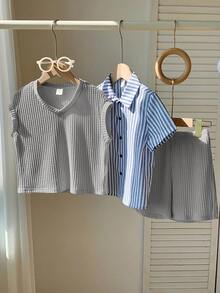 SHEIN Conjunto de 3 piezas para niños pequeños: chaleco casual, camisa a rayas y pantalones cortos, adecuado para fiesta de cumpleaños, fiesta de noche, actuación, boda, escuela, bautizo, baby shower, primavera/verano/otoño - Gris - Ver 6