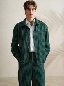 Airaco 男士休闲条纹衬衫长裤套装，春秋季 - 綠色 - 查看 4