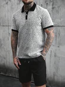 SLATEMANN Men's Knitted Short Sleeve Polo Shirt And Shorts 2-Piece Set, Casual Button Collared Outfit,Black And White,Summer,Streetwear,City Break Gift - Black and White - View 5