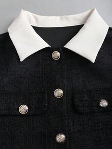 Sweetra 女士优雅通勤撞色短款上衣和半裙两件套 - 黑色 - 查看 3