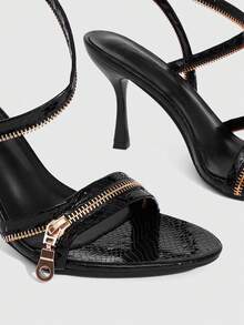 CUCCOO SZL 女士时尚黑色拉链高跟凉鞋，适合派对穿着 - 黑色 - 查看 6