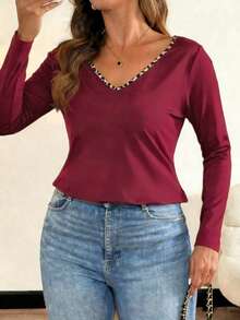 Vionelle Women's Plus Size Deep V Neck Long Sleeve Plain Tee With Leopard Print Bow Detail - Red - View 3