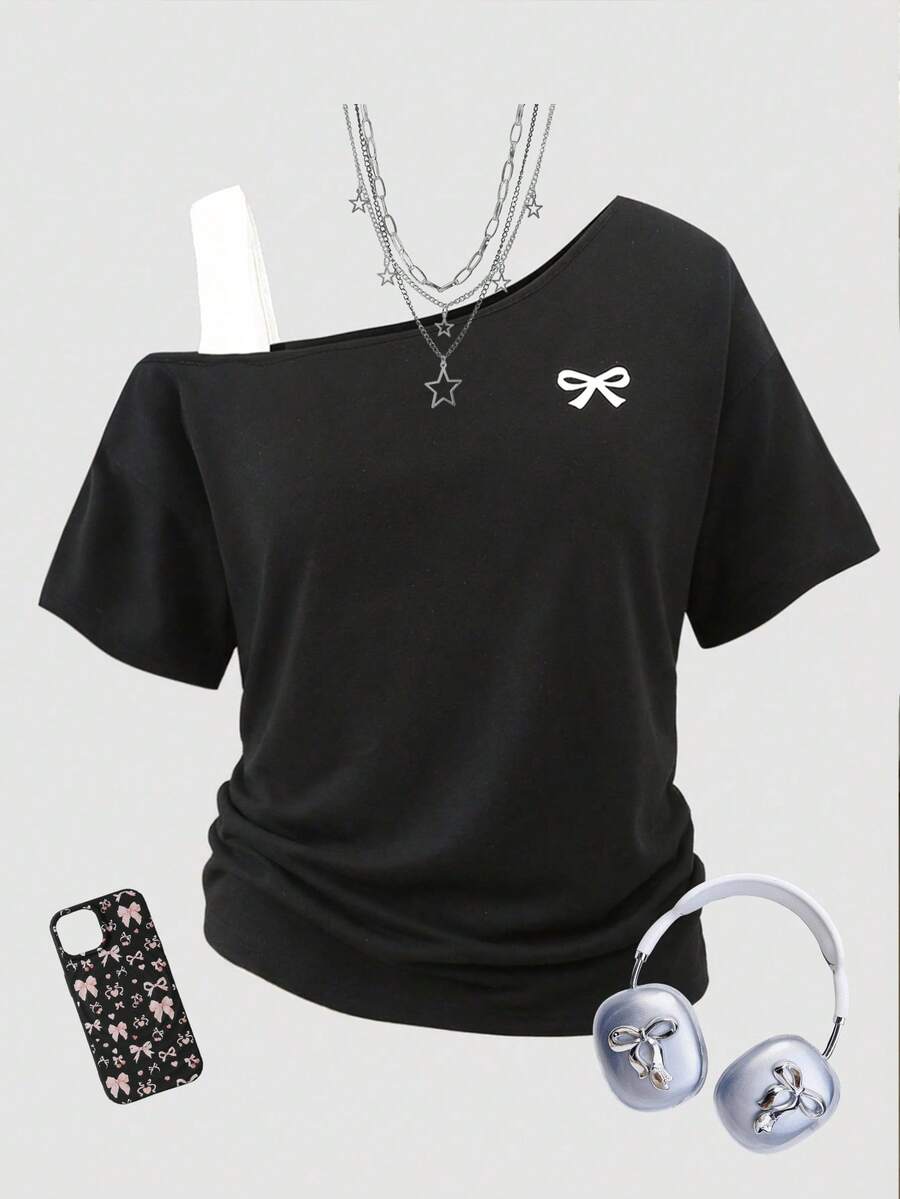 SHEIN Girlism 少女黑白二合一蝴蝶印花撞色T恤,不对称设计,宽松休闲运动风 - 黑與白 - 查看 1