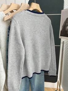 Franclia Cárdigan de punto holgado de cuello redondo de manga larga con ribete de contraste, estilo retro francés para mujer, otoño/invierno - Gris Claro - Ver 2