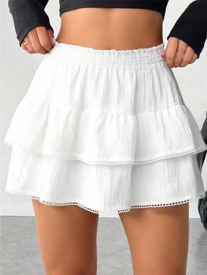 SHEIN Girls' Casual Fashionable Versatile Cake Skirt, Pure White Textured Fabric, Flounced Hem, Suitable For Daily Outings, School, Commuting, Shopping Summer Skirt White Ruffle Skirt Skirt Short