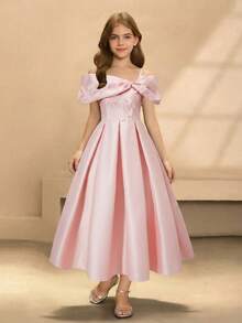 Tween Girls' Light Pink Summer Elegant Wedding Satin Bow Off-Shoulder Embroidered Applique Spaghetti Strap Pleated Midi Dress For Birthday Party - Pink - View 4