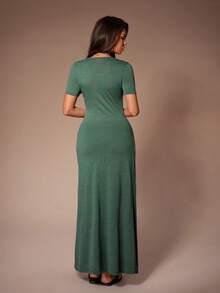 SHEIN 独特蝴蝶结设计橄榄绿短袖女士休闲连衣裙 - 墨綠色 - 查看 2