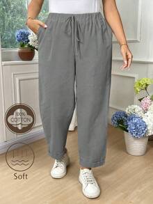EMERY ROSE Plus Size Women Cotton Solid Color Drawstring Waist Pockets Loose Pants Fall - Light Grey - View 3