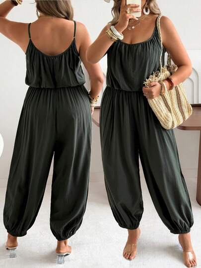 Ceyna 大码纯色优雅休闲褶皱灯笼腿阔腿连体裤