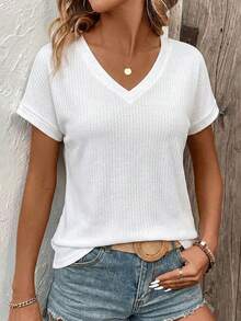 EMERY ROSE Women's Solid Color V-Neck Short Sleeve Casual Basic Ribbed T-Shirt Travel White Summer - White - View 7