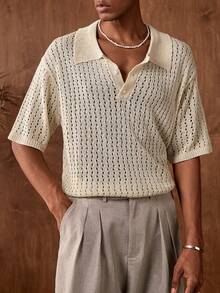 AKNOTIC Business Casual Men's Palm Tree Print Short Sleeve Polo Knit Top, Vacation Wear - Apricot - View 5