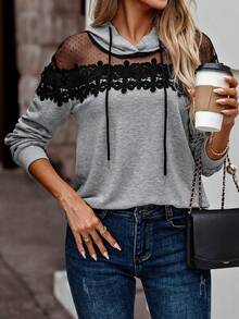EMERY ROSE Sweat-shirt à capuche décontracté avec cordon de serrage, patchwork en dentelle et taille pour femmes grandes tailles, automne/hiver - Gris pâle - Voir 4