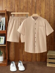 Manfinity VCAY Men's Solid Color Mandarin Collar Short Sleeve Button Front Casual Shirt Set Outfit  Summer Wardrobe Essentials Casual Outfit Ideas Laid-Back Look Flowy Beach Pants Casual Long Pants   Multi-Piece Set  Daily Essential Wardrobe Staple Basic Style All-Match Style Go-To Piece Mix-And-Match Item Casual Versatile Style ,Men's 2 Piece Linen Cotton Beach Outfit ,Summer Vacation Button Down Shirt And Shorts ,Solid Beige Co-Ord Set For Men ,Casual Summer Suit ,Band Collar Short Sleeve Shirt Set ,Relaxed Fit Lounge Wear Men ,Boho Festival Clothing Male - Khaki - View 3