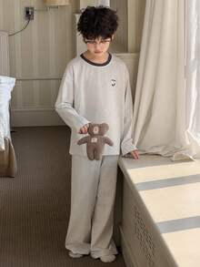 DAZY Tween Boy Cartoon Panda Letter Print Long Sleeve Top And Pants Pajama Set - Grey - View 3