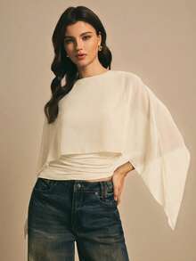 Poéselle Áo sơ mi nữ thanh lịch màu trơn cổ bẻ - Màu be - Xem 5