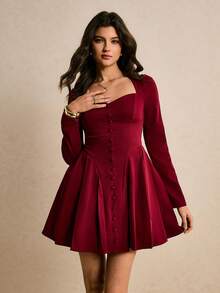 Poéselle Women's Elegant Solid Color Sweetheart Collar Mini Dress Valentine's Day Outfit Women's New Arrivals For New Year & Spring Wine Dress Red Dress Women Elegant Women Mini Dresses Pleated Dress - Burgundy - View 4