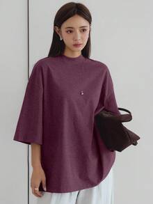 Livesso 春夏寬鬆商務休閒時尚辦公穿搭街頭風女款短袖T恤 - 中紫紅色 - 查看 2