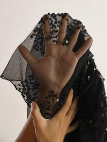 SHEIN PETITE CURVE 大码女式亮片V领收腰灯笼袖上衣，适合派对和聚会穿着 - 黑色 - 查看 5