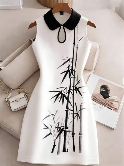 Franclia 女士休闲优雅新中式传统竹纹印花衬衫领无袖迷你开衩连衣裙，适合日常穿着/度假/约会/办公/教师/新年等场合。