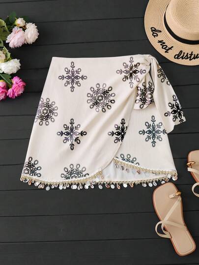 Franclia Women's Casual Summer Beach Vacation Shell Tassel Patchwork Asymmetrical Hem Printed Tie-Up Mini Skirt