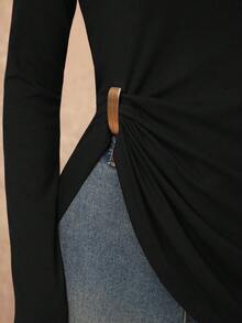 Lumalex 女士纯色船领长袖褶皱修身时尚T恤 - 黑色 - 查看 2