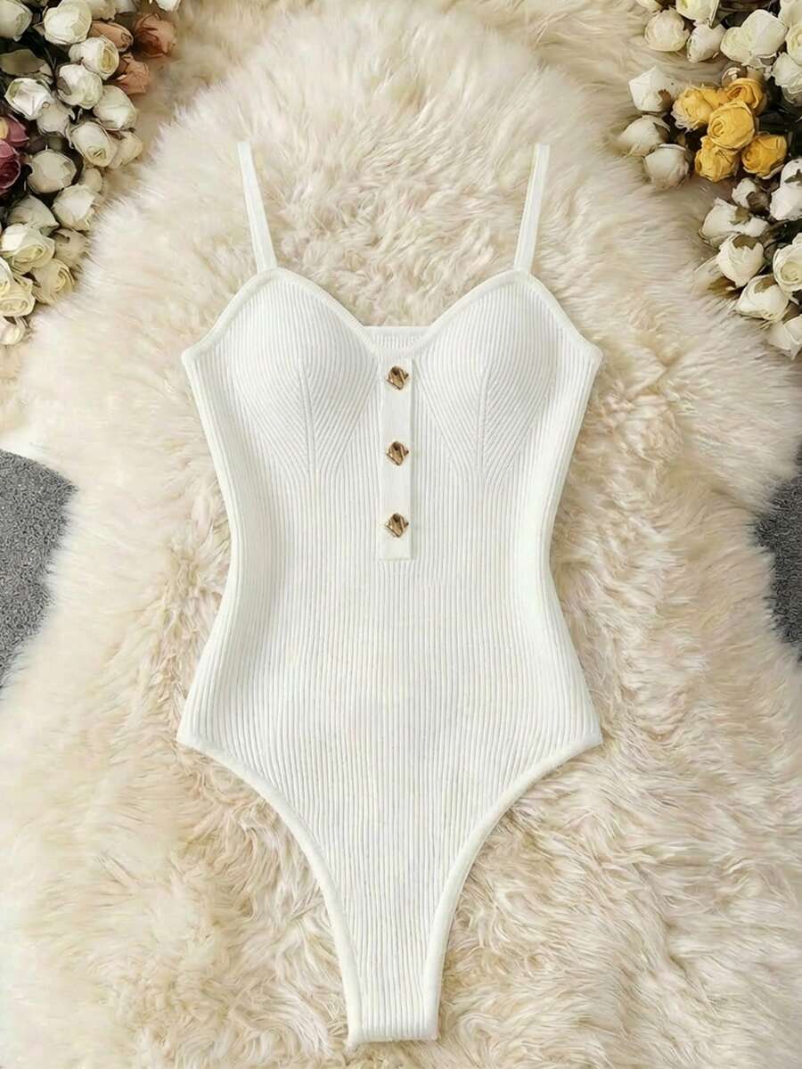 Resyla Women's Minimalist Solid Color Metal Decor Fitted Jumpsuit, Versatile For Commuting - White - View 1