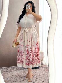 Modelyn 大码短袖浪漫印花优雅休闲A字双层连衣裙 - 杏色 - 查看 2