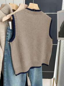 Franclia Áo vest len nữ màu kaki dáng rộng cổ tròn phối viền tương phản kiểu Pháp, thích hợp cho mùa thu/đông. - Màu Khaki - Xem 2