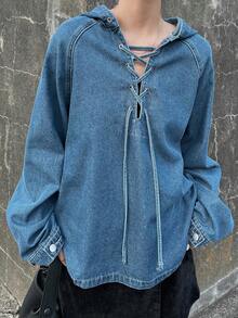FRIFUL Women's Casual Washed Criss-Cross Hooded Denim Top - Blue - View 1