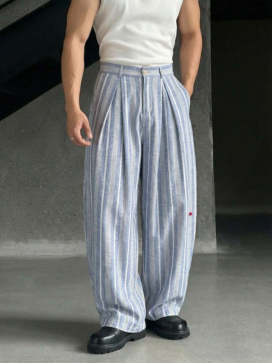 ESTAVOR Men's Waist Button Design Striped Cargo Pants - Baby Blue - View 1