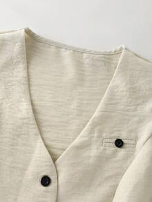 Franclia 女士优雅简约V领无袖短款上衣和高腰褶皱短裤两件套，质感休闲，春夏款 - 杏色 - 查看 4