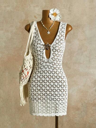 Soleia Beach Outfit For Women Summer Outfits  Vacation Outfits Women Beach Dresses White Dresses Women's Solid Color Hollow Out Knitted Sleeveless Cover Up For Beach/Resort