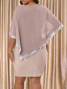 Cravure 大码圆领亮片雪纺拼接串珠缎带披肩罩衫，柔软提花纹理面料，二合一优雅时尚派对礼服 - 杏色 - 查看 2