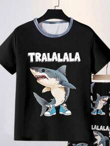 SHEIN Explorewe Bộ đồ ngủ cho bé trai Tralalero Tralala in hình cá mập hoạt hình dễ thương, áo tay ngắn và quần short ôm sát, đồ ngủ thời trang cho trẻ lớn mùa xuân/hè. - màu đen - Xem 4