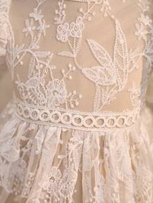 SHEIN 年轻女孩优雅花卉网纱短袖连衣裙 - 白色 - 查看 7