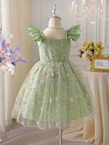 SHEIN Glamorique Kids 少女优雅吊带荷叶边短袖刺绣网纱层叠A字公主裙，适合节日派对、生日礼物、度假、夏季穿着 - 綠色 - 查看 2