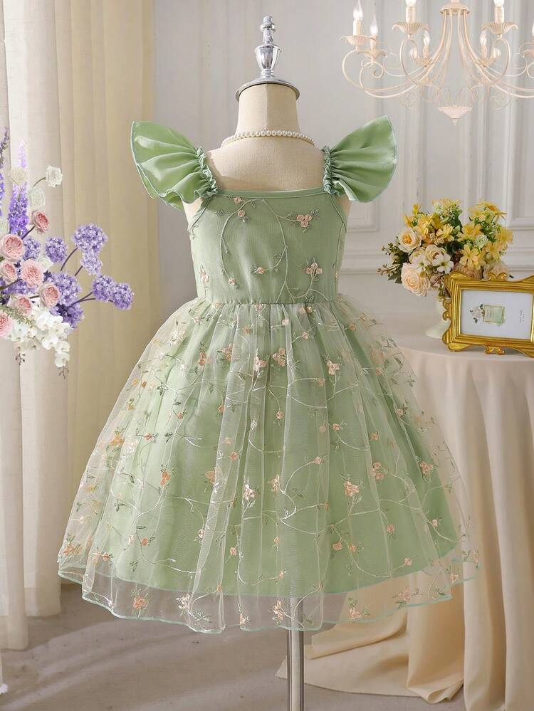SHEIN Glamorique Kids Robe de princesse élégante à fines bretelles, volants, manches courtes, avec broderie et superposition de maille pour jeunes filles. Convient pour les fêtes, les anniversaires, les vacances, l'été - Vert - Voir 2