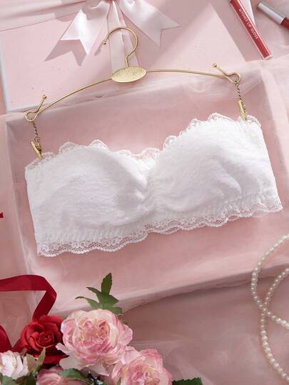 1pc Lace Patchwork Bandeau Bra With Non-Slip Silicone Grip For Women