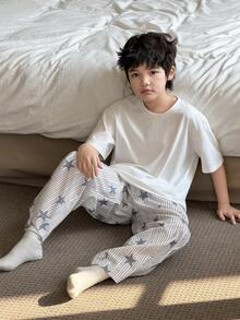 DAZY 男童纯色短袖T恤和条纹星星印花长裤睡衣套装，夏季