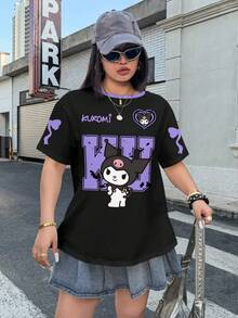 HELLO KITTY AND FRIENDS | SHEIN 大码女式休闲日常通勤趣味可爱卡通字母印花宽松T恤，夏季 - 白色 - 查看 3
