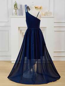 女童简约单肩缎面不对称下摆前短后长腰珠饰花卉连衣裙，适合婚礼、舞会、生日派对、宴会、花童等场合 - 綠色 - 查看 2