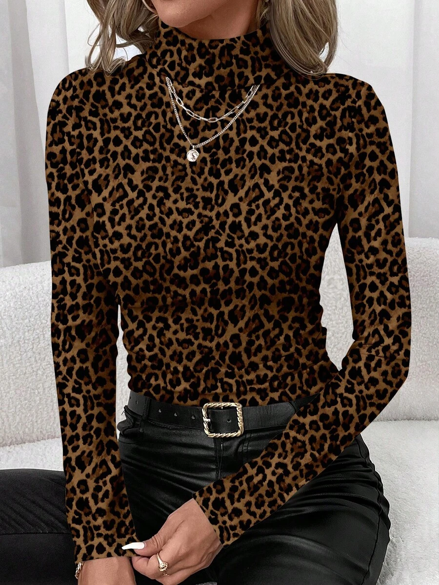SHEIN Clasi 女士休闲简约豹纹高领打底衫 - 彩色 - 查看 1